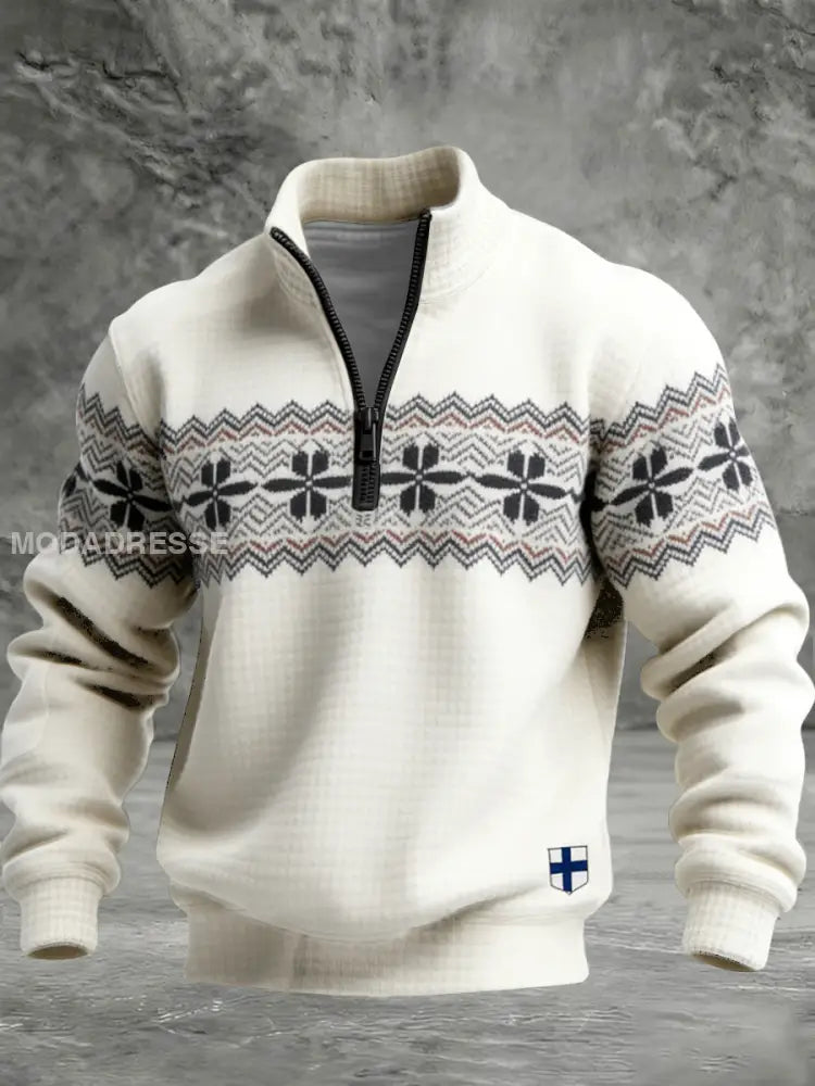 Mäns varm grädde Nordic Snöflinga & Finländska Flagkvarter-Zip Sweatshirt flerlog / S