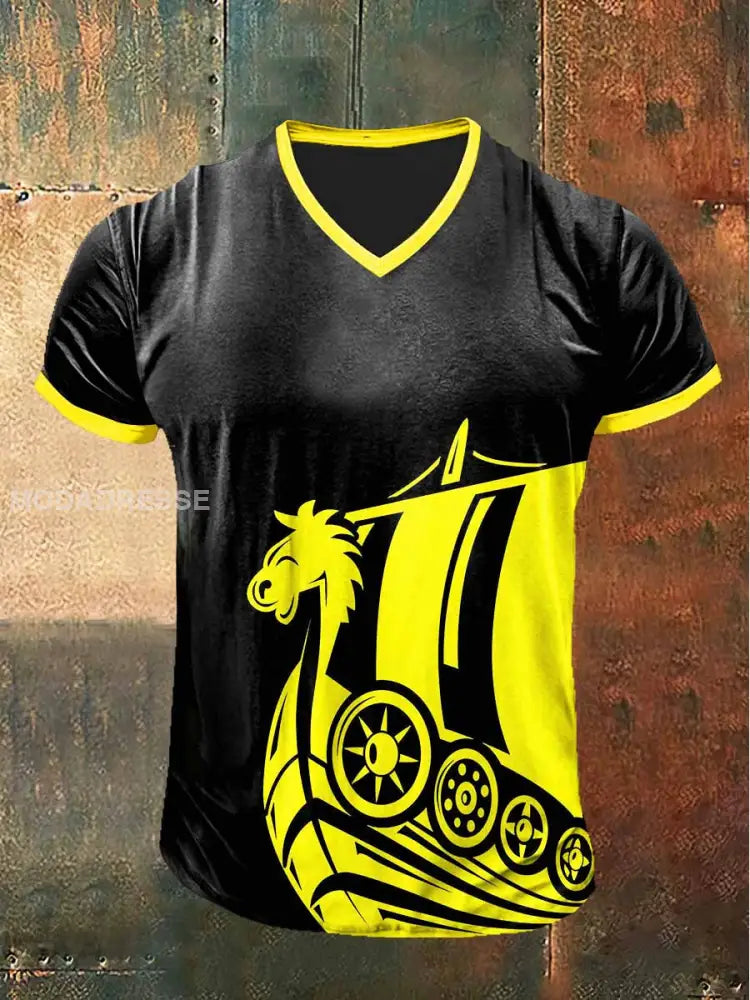 Mäns viking drak skepp tryckt Vintage mode kort ärm V-hals T-shirt S