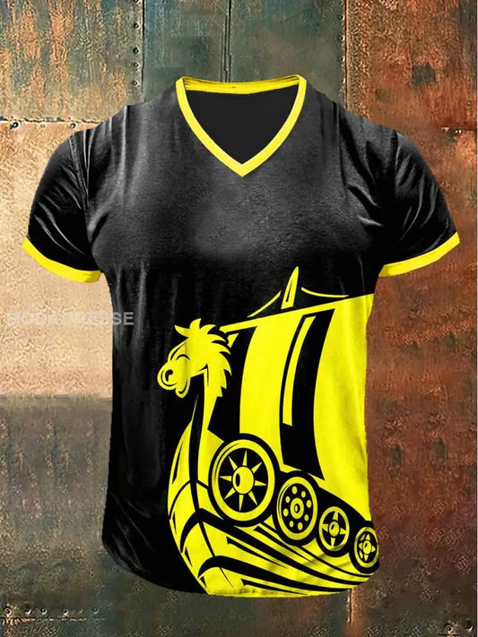 Mäns viking drak skepp tryckt Vintage mode kort ärm V-hals T-shirt S