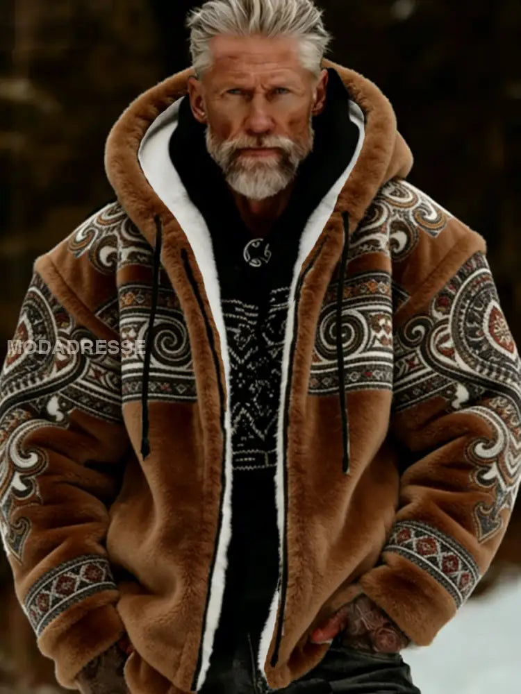 Mäns viking keltisk konst plush Mysig varm dragkedja jacka Kaffe / S