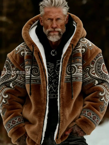 Mäns viking keltisk konst plush Mysig varm dragkedja jacka Kaffe / S