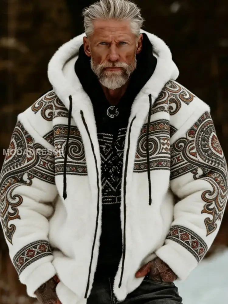 Mäns viking keltisk konst plush Mysig varm dragkedja jacka vit / S