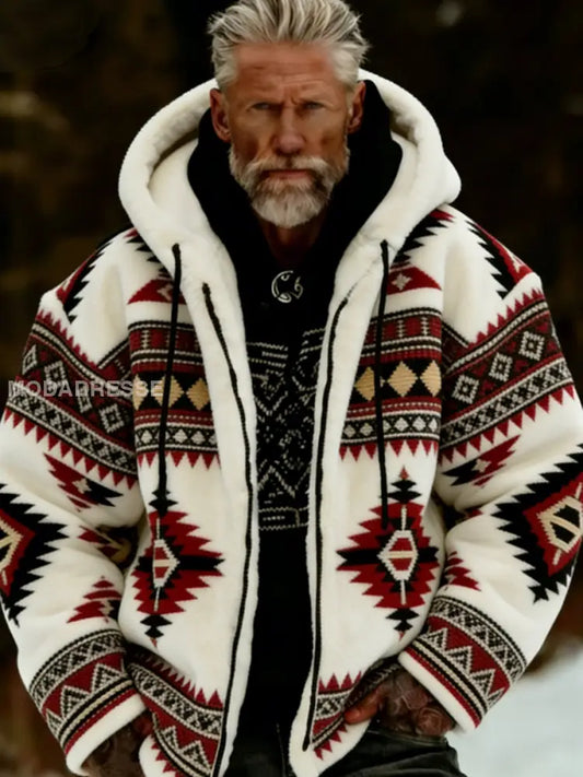 Mäns viking keltisk konst plush Mysig varm dragkedja jacka vitt / S