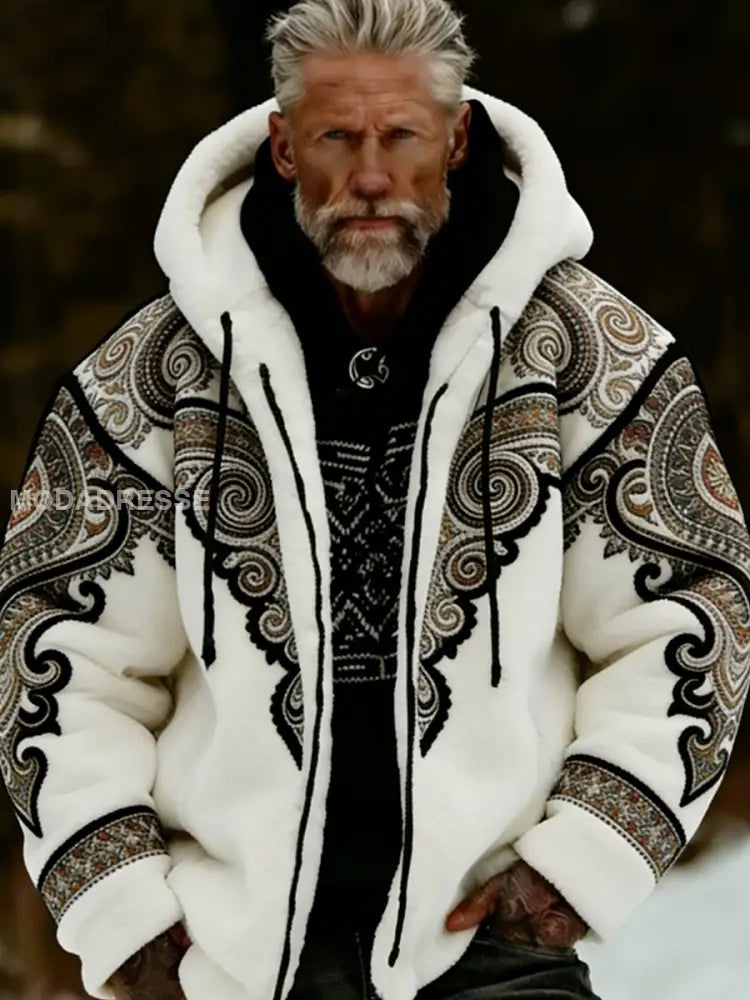 Mäns viking keltisk konst plush Mysig varm dragkedja jacka vitt / S