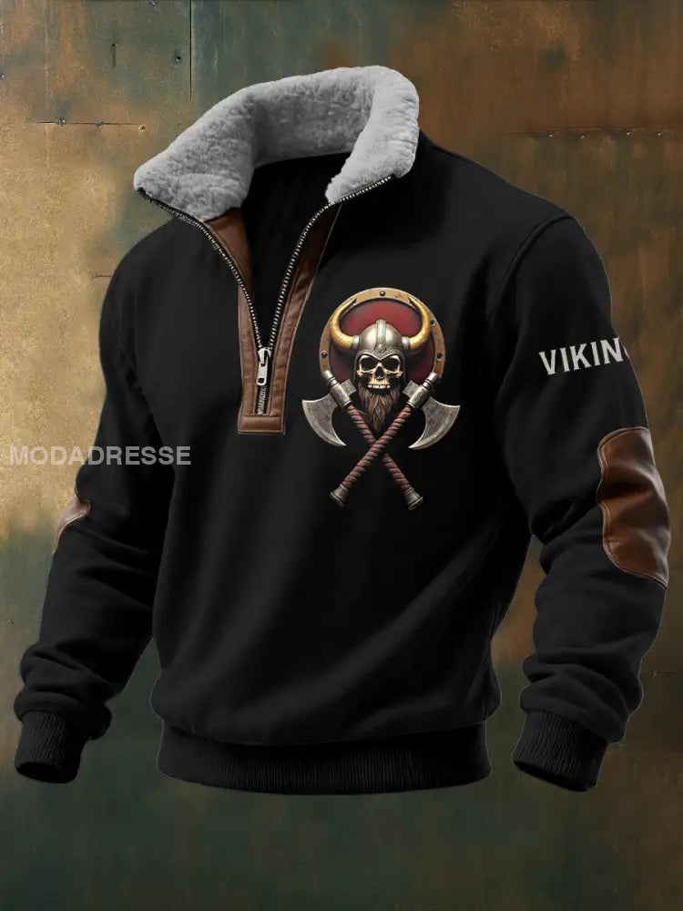 Mäns Viking krigare Skull tryckt lång ärm Stand up krage blixtlås Lamm Ull Topp svart / S