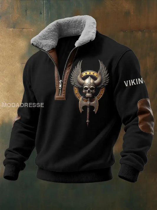 Mäns Viking krigare Skull tryckt lång ärm Stand up krage blixtlås Lamm Ull Topp svart / S