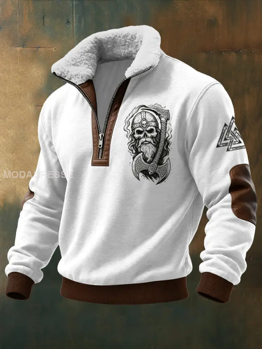 Mäns Viking krigare Skull tryckt lång ärm Stand up krage Lambhair blixtlås Topp vitt / S