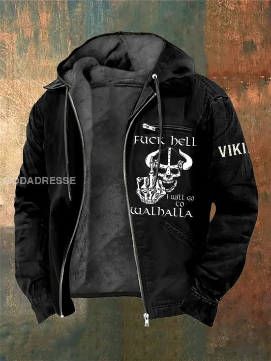 Mäns Viking krigare Skull tryckt långärmade huvade jacka svart / S