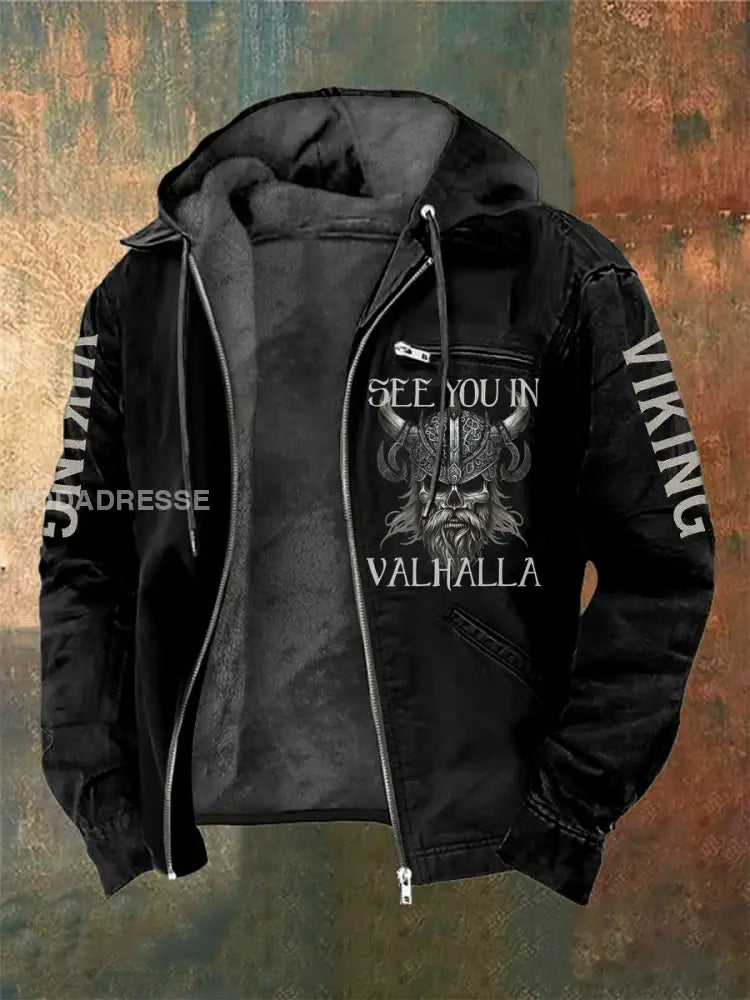 Mäns Viking krigare Skull tryckt långärmade huvade jacka svart / S