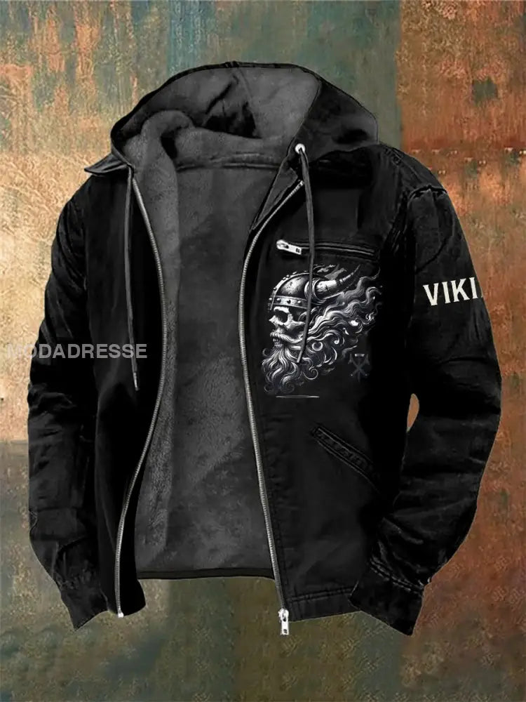 Mäns Viking krigare Skull tryckt långärmade huvade jacka svart / S