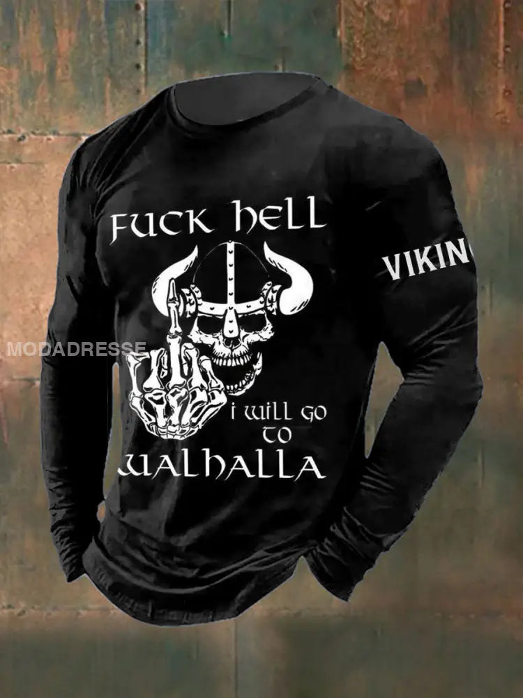 Mäns Viking krigare Skull tryckta långärmade rund hals T-shirta svart / S