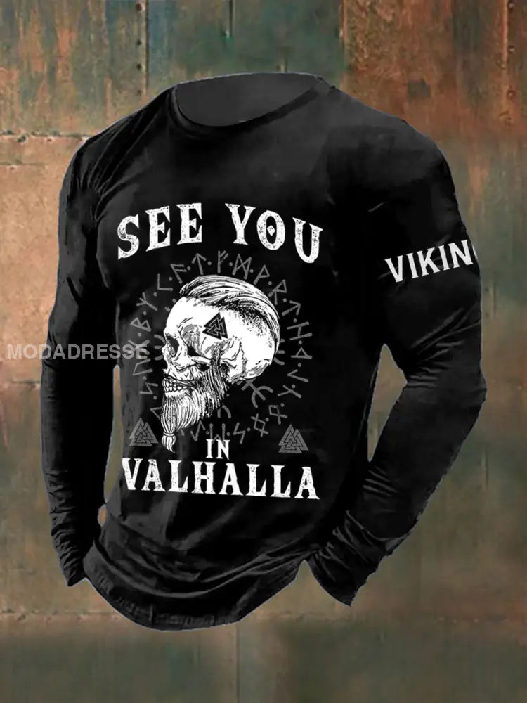 Mäns Viking krigare Skull tryckta långärmade rund hals T-shirta svart / S