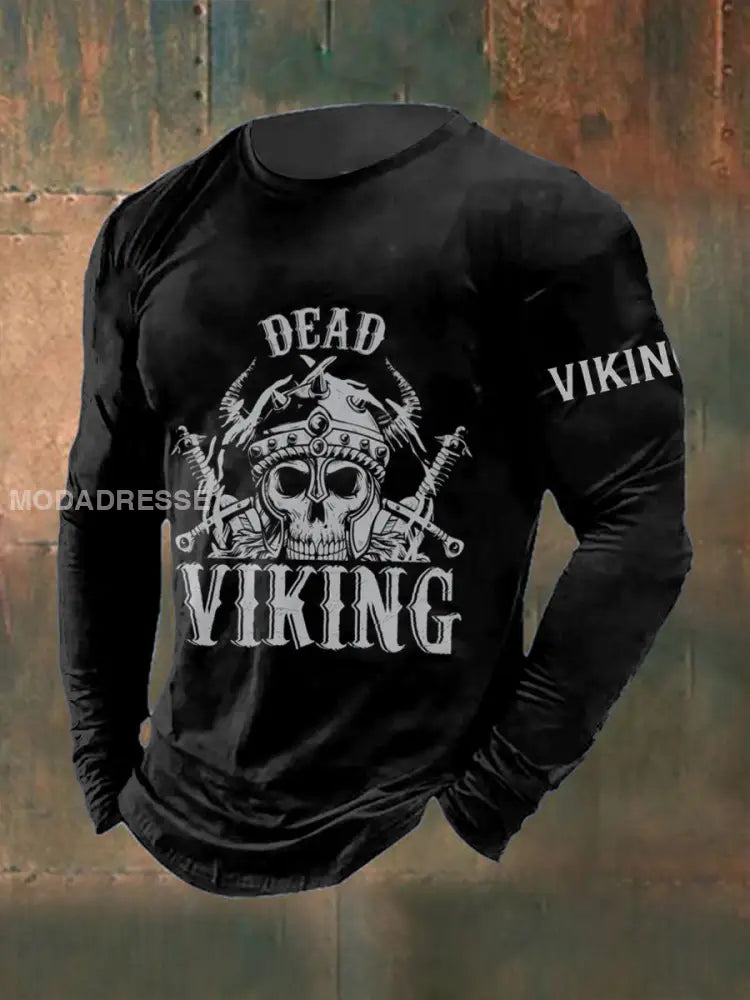 Mäns Viking krigare Skull tryckta långärmade rund hals T-shirta svart / S