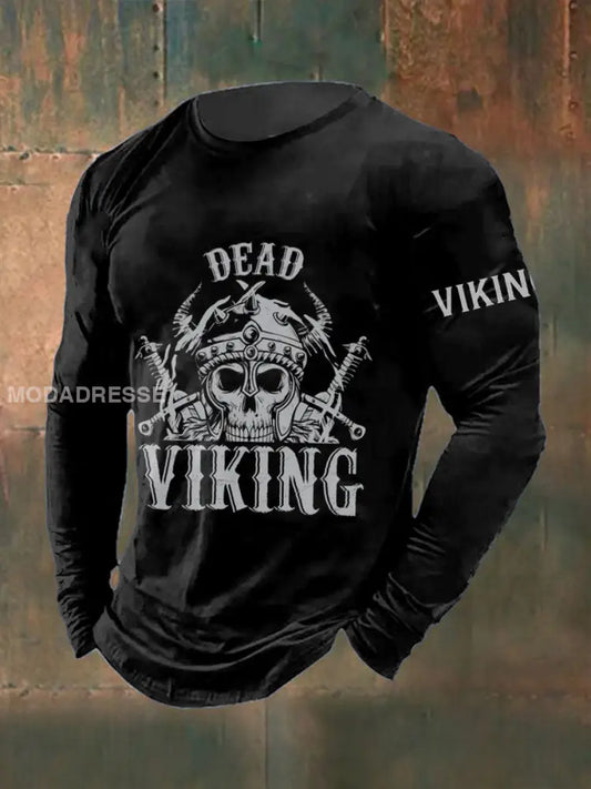 Mäns Viking krigare Skull tryckta långärmade rund hals T-shirta svart / S
