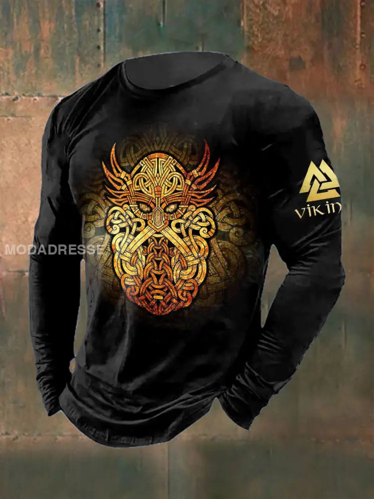 Mäns Viking krigare tryckt långärmad rund hals T-shirt svart / S
