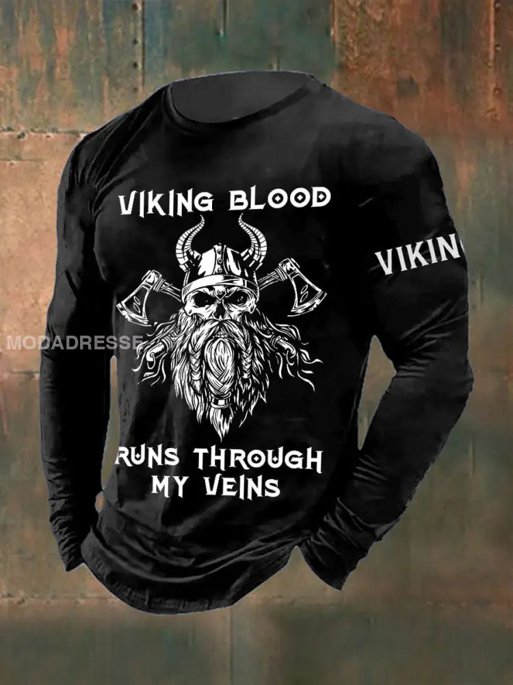 Mäns Viking krigare tryckt långärmad rund hals T-shirt svart / S