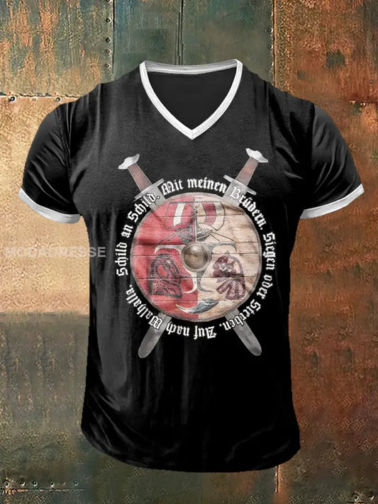 Mäns viking krigare tryckt Vintage mode kort ärm V-hals T-shirt S