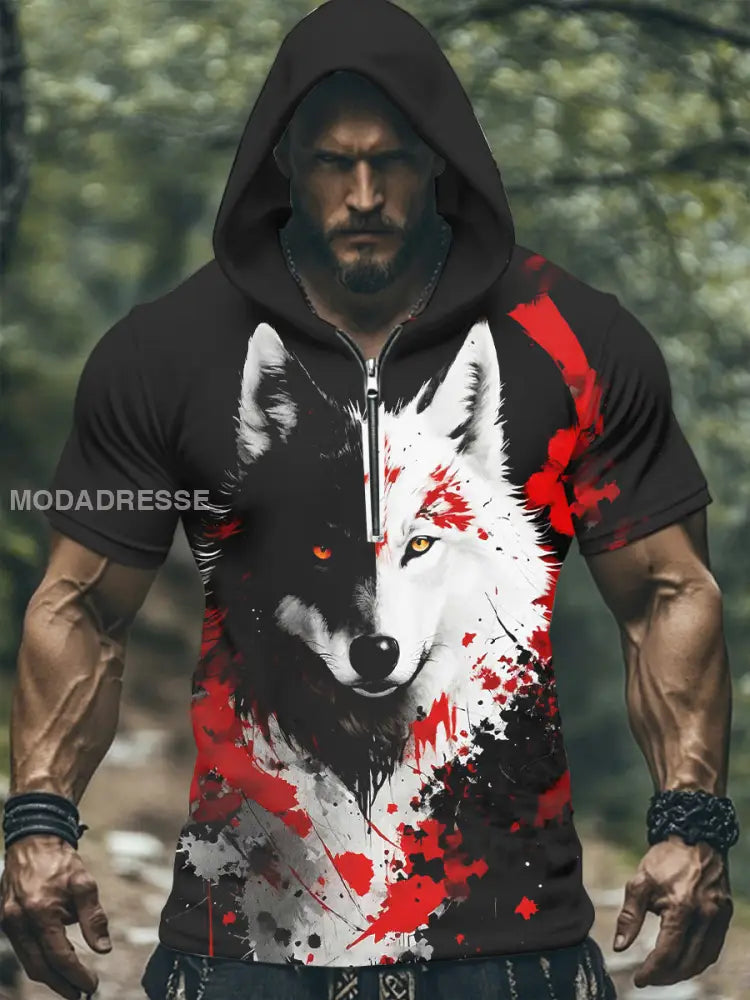 Mäns Viking Mytologi Fenrir hooded T-shirt som bild / S