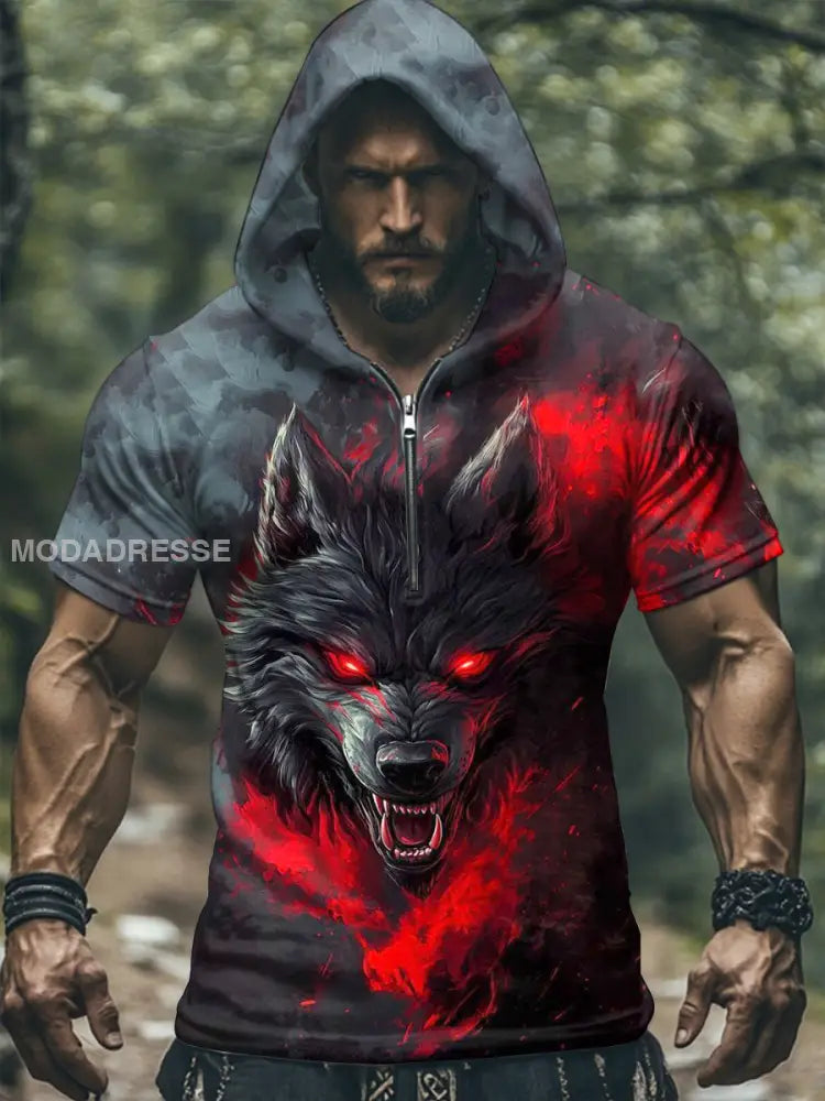 Mäns Viking Mytologi Fenrir hooded T-shirt som bild / S