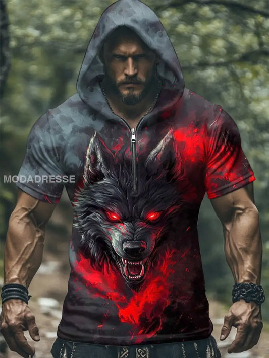 Mäns Viking Mytologi Fenrir hooded T-shirt som bild / S
