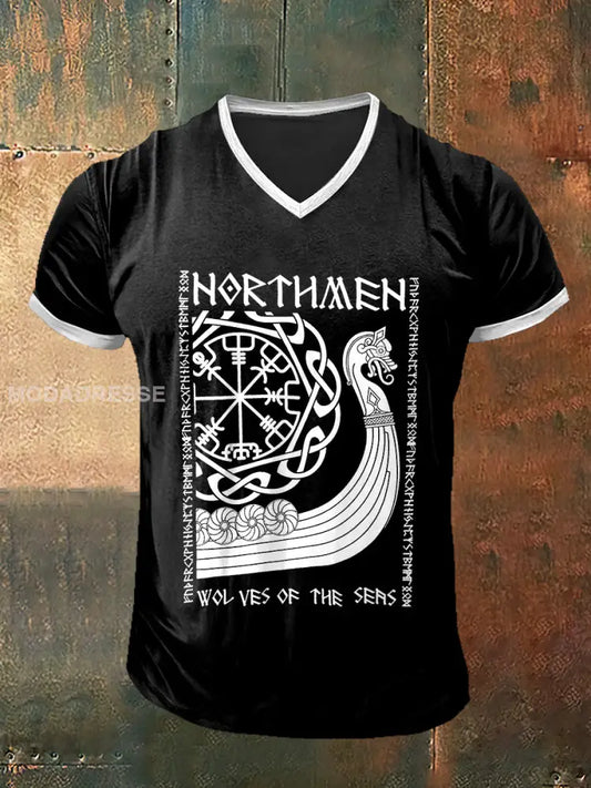 Mäns viking norska tryckt Vintage Mode kort ärm V-hals T-shirt S