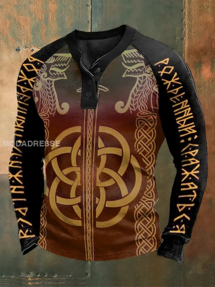 Mäns Viking Print Raglan Knapp Henley tröj brun / S