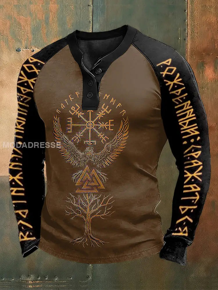 Mäns Viking Print Raglan Knapp Henley tröj brun / S