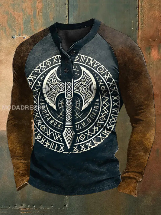 Mäns Viking Print Raglan Knapp Henley tröj brun / S