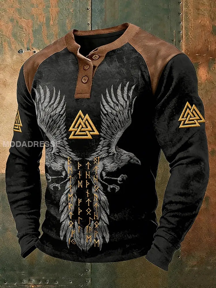 Mäns Viking Print Raglan Knapp Henley tröj svart / S
