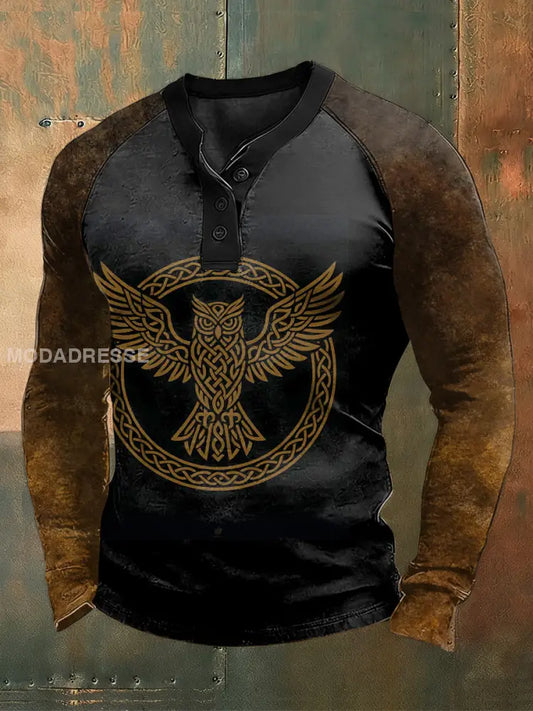 Mäns Viking Print Raglan Knapp Henley tröj svart / S