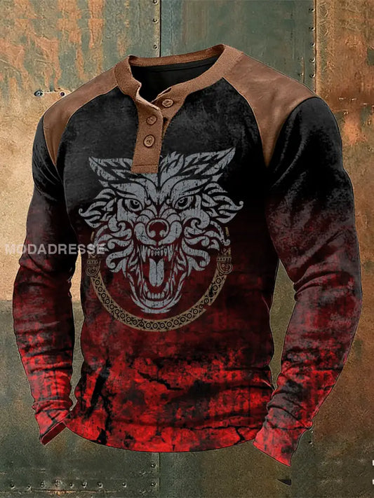Mäns Viking Print Raglan Knapp Henley tröj svart / S