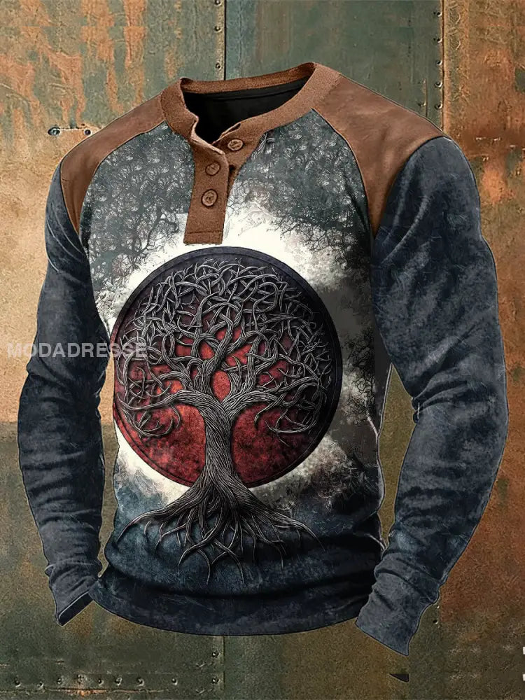 Mäns Viking Print Raglan Knapp Henley tröj svart / S