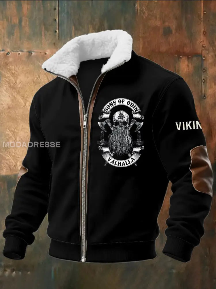 Mäns Viking Skull tryckt lång ärm Stand up krage Lambhair blixtlås topp svart / S