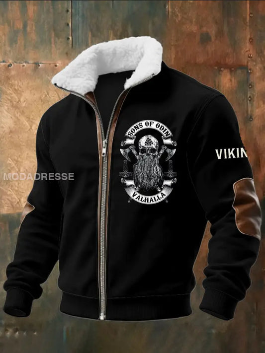 Mäns Viking Skull tryckt lång ärm Stand up krage Lambhair blixtlås topp svart / S