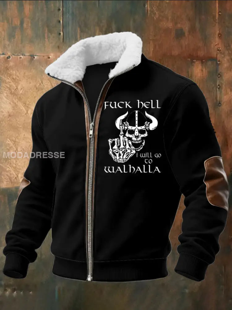 Mäns Viking Skull tryckt lång ärm Stand up krage Lambhair blixtlås topp svart / S