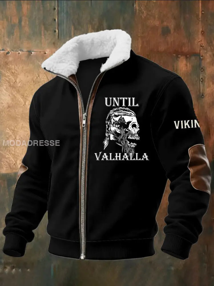 Mäns Viking Skull tryckt lång ärm Stand up krage Lambhair blixtlås topp svart / S