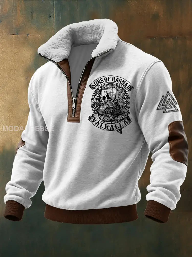 Mäns Viking Skull tryckt lång ärm Stand up krage Lambhair blixtlås topp vitt / S
