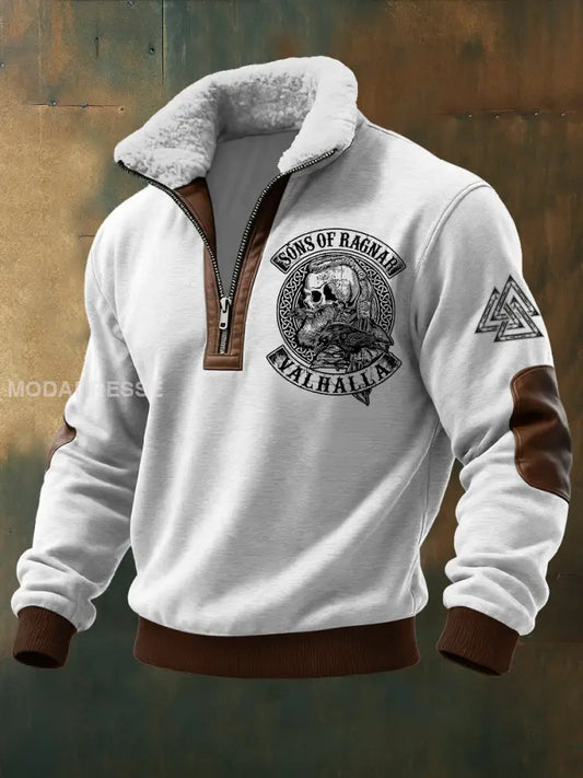 Mäns Viking Skull tryckt lång ärm Stand up krage Lambhair blixtlås topp vitt / S