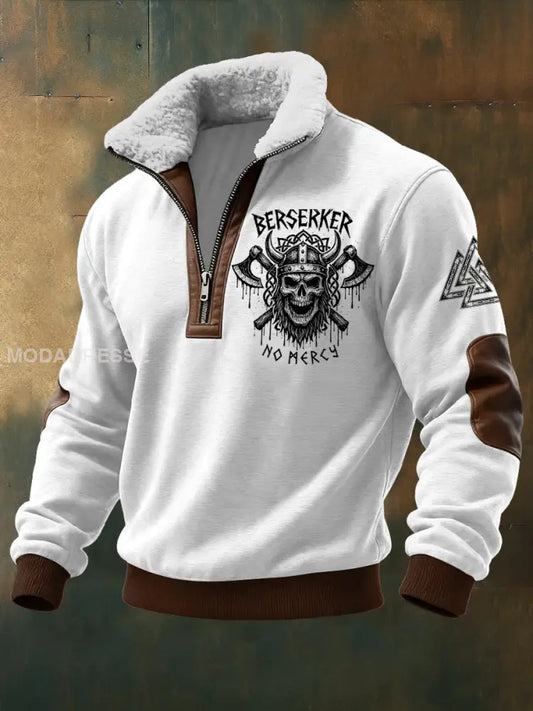 Mäns Viking Skull tryckt lång ärm Stand up krage Lambhair blixtlås topp vitt / S