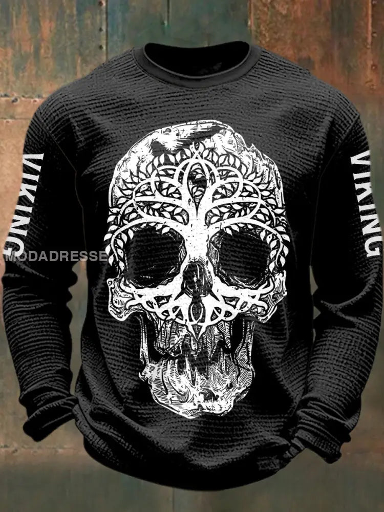 Mäns Viking Skull tryckt våffle lång ärm rund hals tröjar svart / S