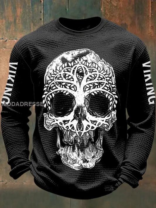 Mäns Viking Skull tryckt våffle lång ärm rund hals tröjar svart / S