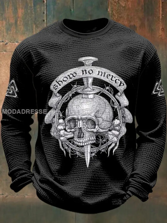 Mäns Viking Skull tryckt våffle lång ärm rund hals tröjar svart / S