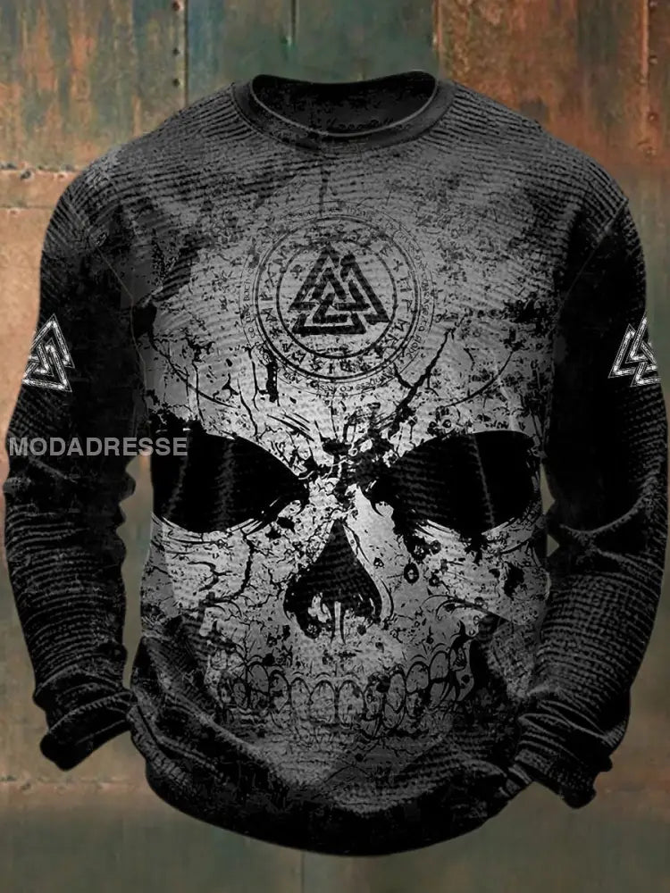 Mäns Viking Skull tryckt våffle lång ärm rund hals tröjar svart / S