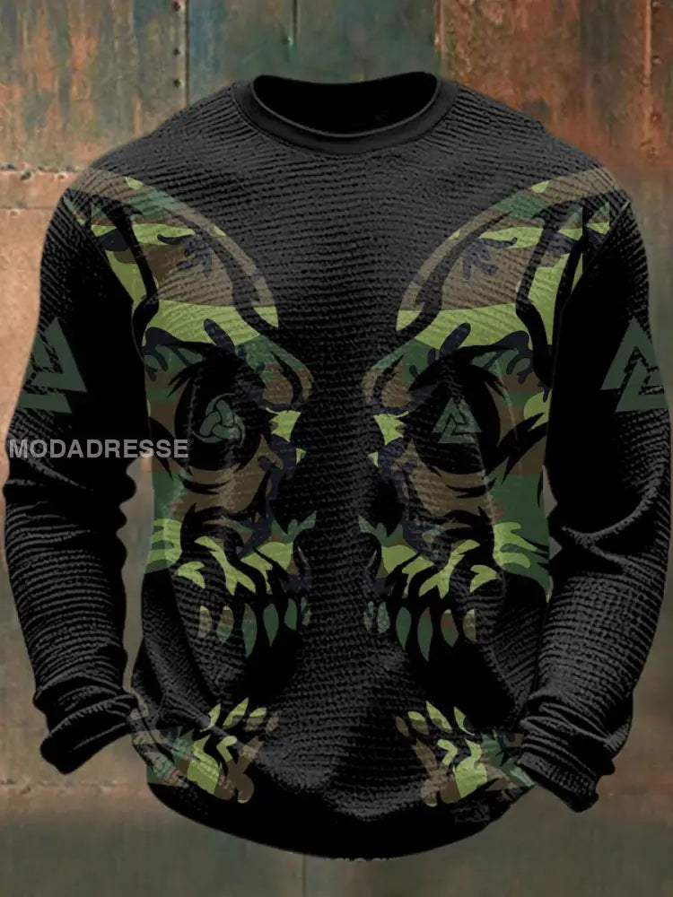 Mäns Viking Skull tryckt våffle lång ärm rund hals tröjar svart / S