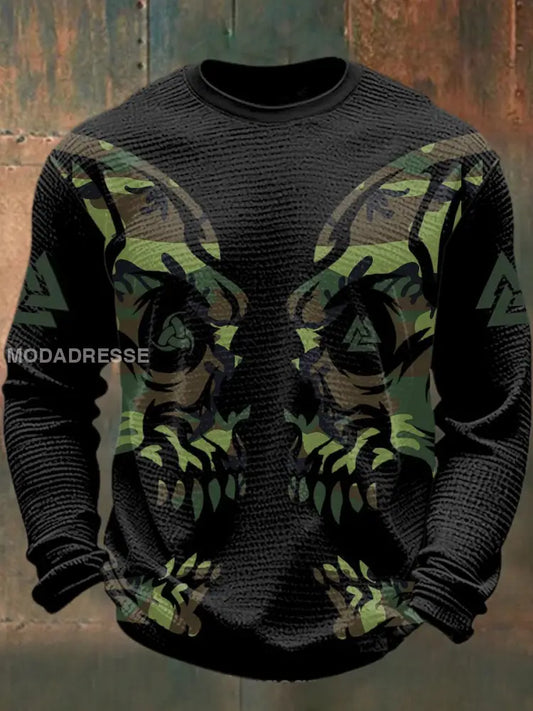 Mäns Viking Skull tryckt våffle lång ärm rund hals tröjar svart / S