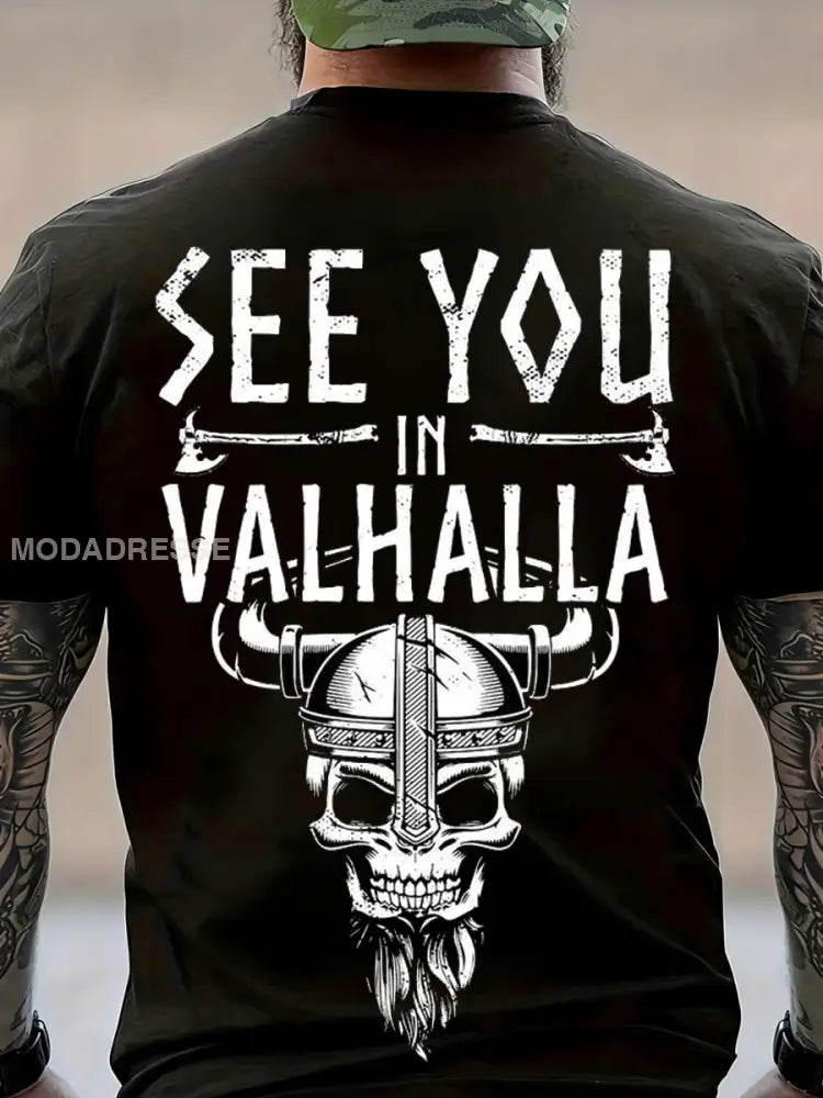 Mäns Viking Skull tryckt Vintage Fashion Loose kort ärm T-shirt svart / S