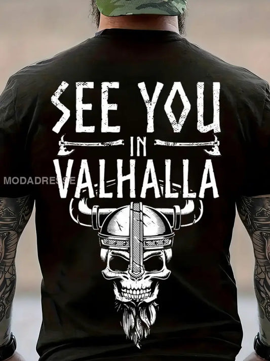 Mäns Viking Skull tryckt Vintage Fashion Loose kort ärm T-shirt svart / S