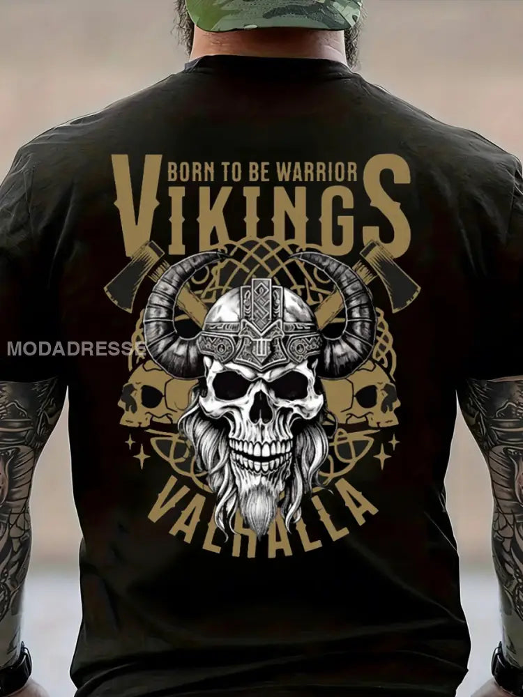 Mäns Viking Skull tryckt Vintage Fashion Loose kort ärm T-shirt svart / S