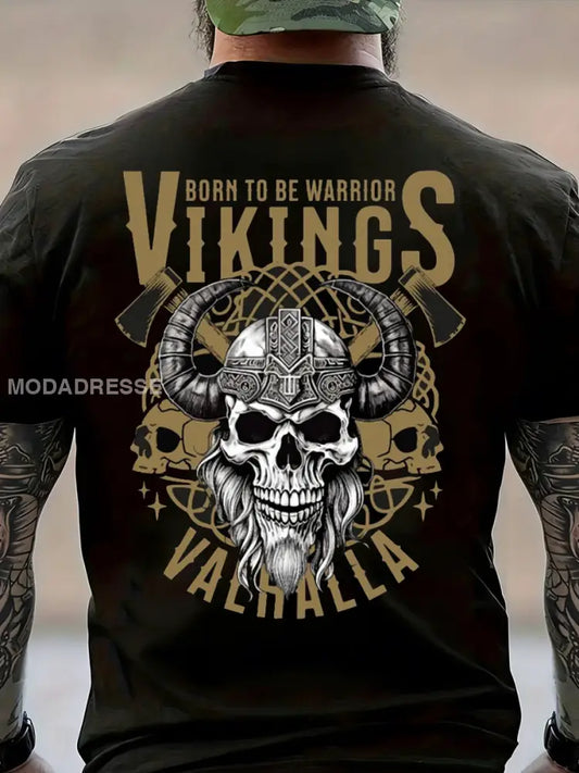 Mäns Viking Skull tryckt Vintage Fashion Loose kort ärm T-shirt svart / S
