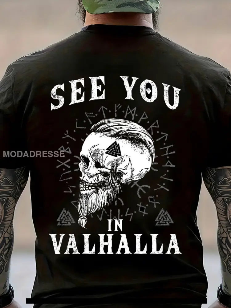 Mäns Viking Skull tryckt Vintage Fashion Loose kort ärm T-shirt svart / S
